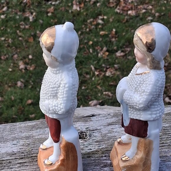 Antique German Porcelain Boy & Girl Snow Babies Nubbly Jackets Figurines 1910's - Picture 3 of 7